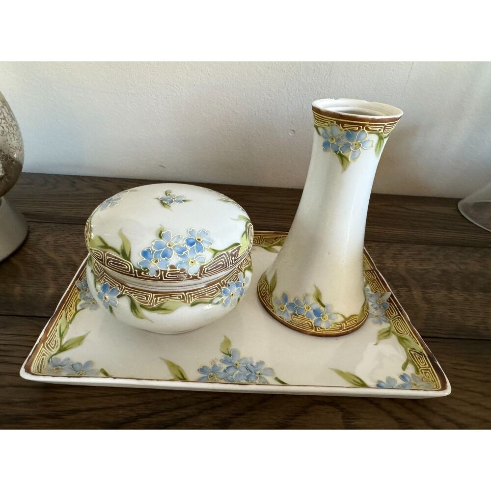 Vintage Nippon dresser set 3 pieces gorgeous hat pin holder, jar, tray